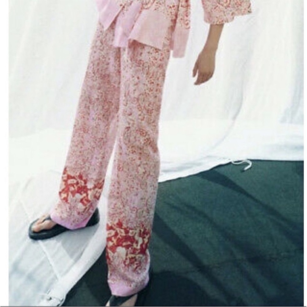 Zara Linen Blend Paisley Floral Print High Waist Pants Medium Full Length